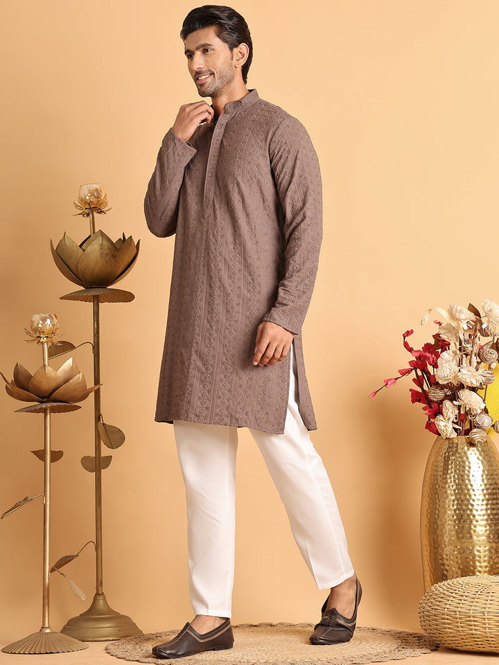 Embroidered &amp; Sequins Straight Kurta Set For Men