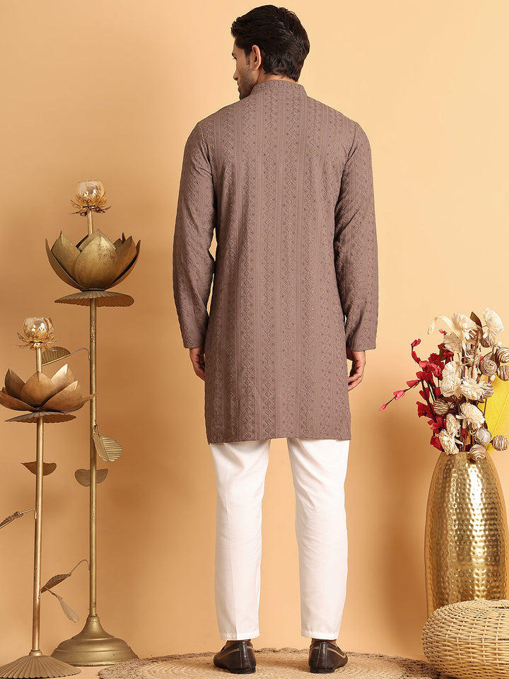 Embroidered &amp; Sequins Straight Kurta Set For Men
