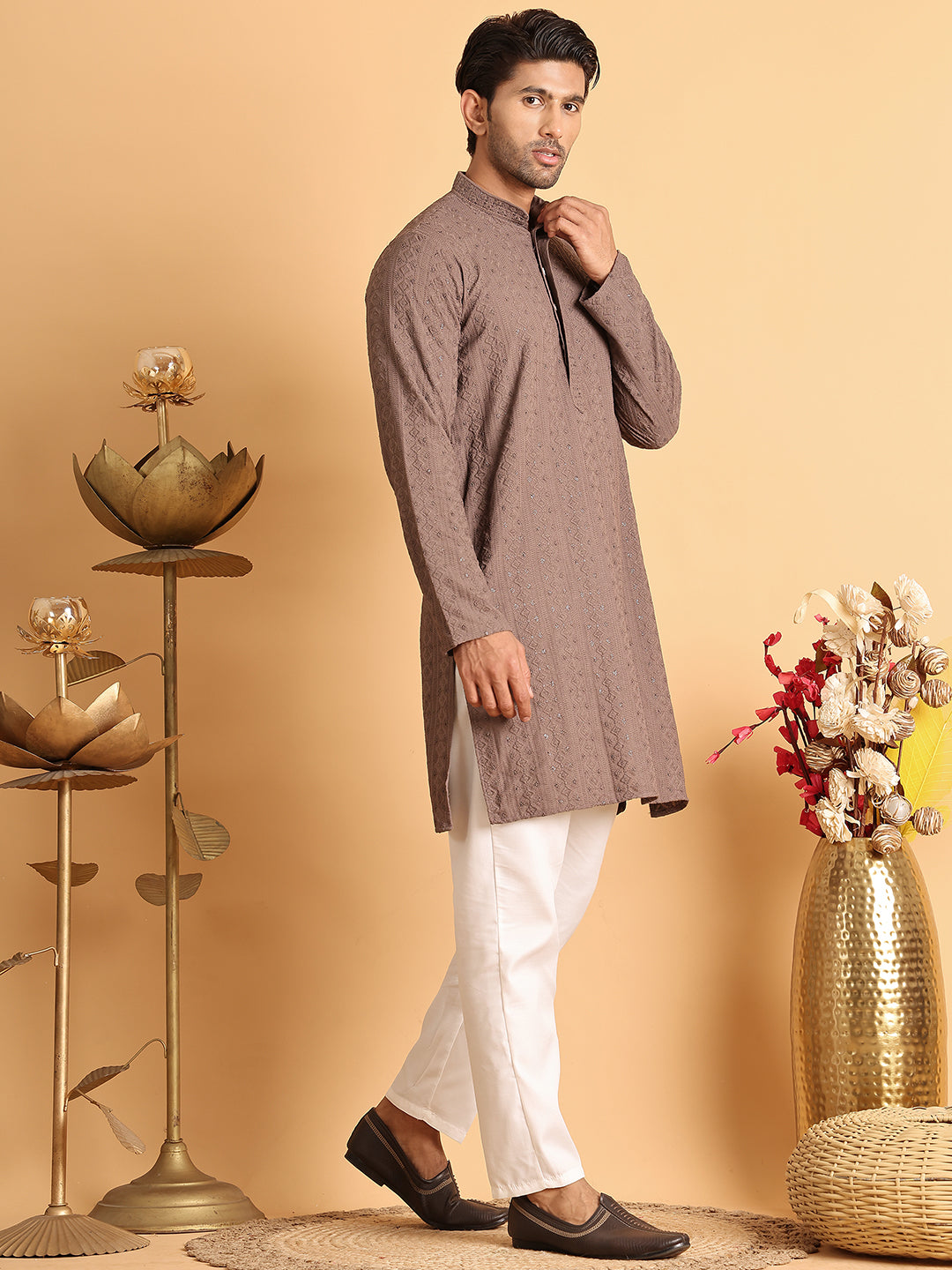 Embroidered &amp; Sequins Straight Kurta Set For Men