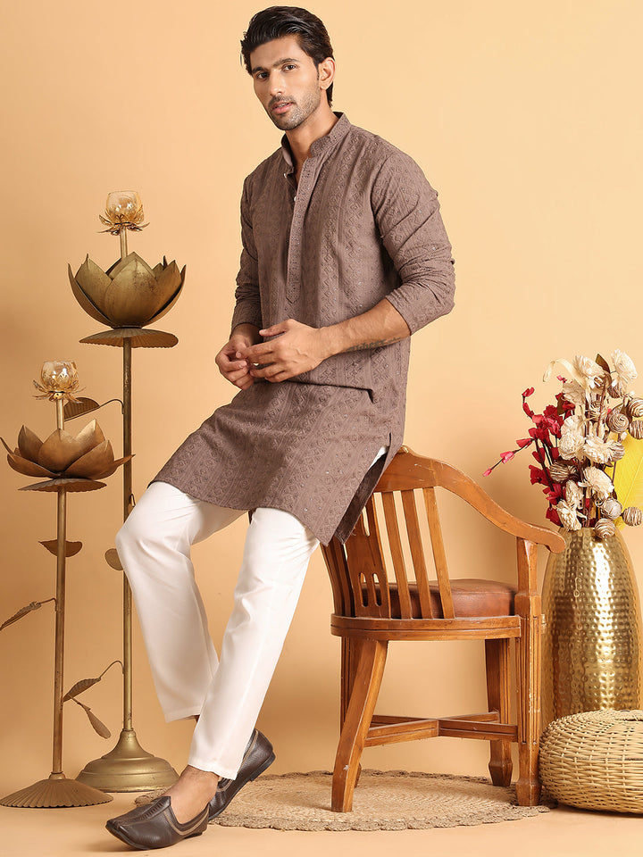 Embroidered &amp; Sequins Straight Kurta Set For Men