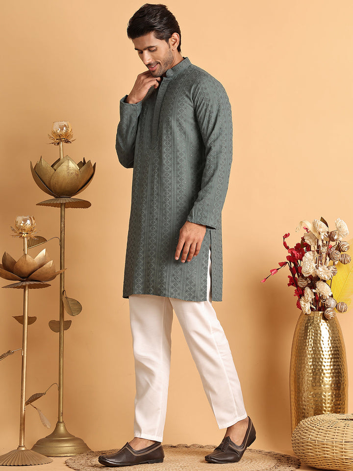 Embroidered &amp; Sequins Straight Kurta Set For Men