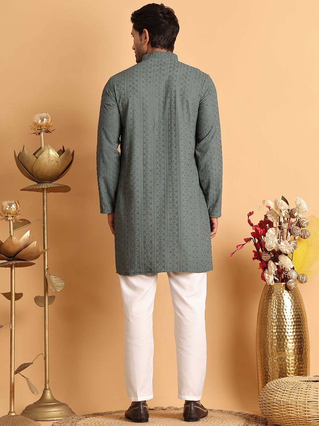 Embroidered &amp; Sequins Straight Kurta Set For Men