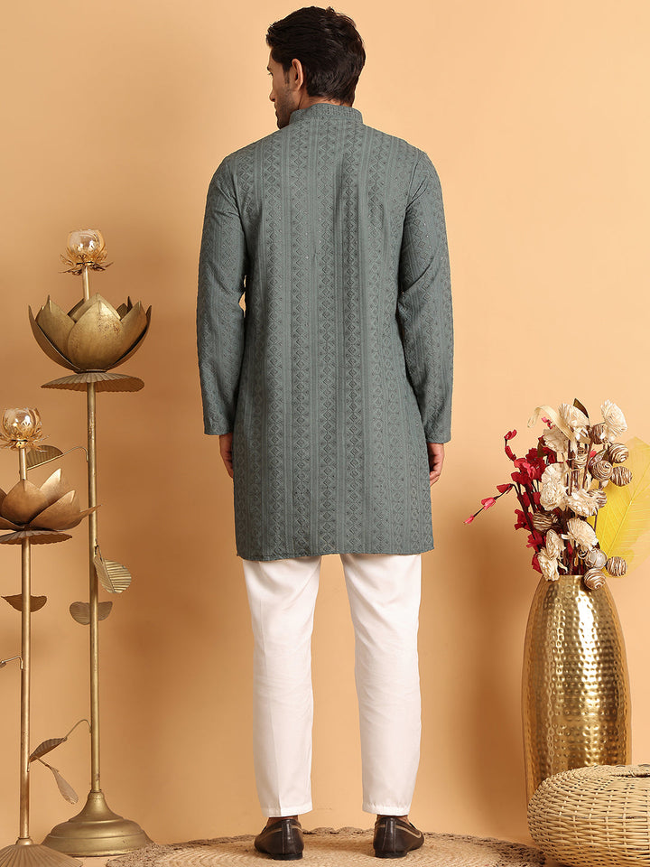 Embroidered &amp; Sequins Straight Kurta Set For Men
