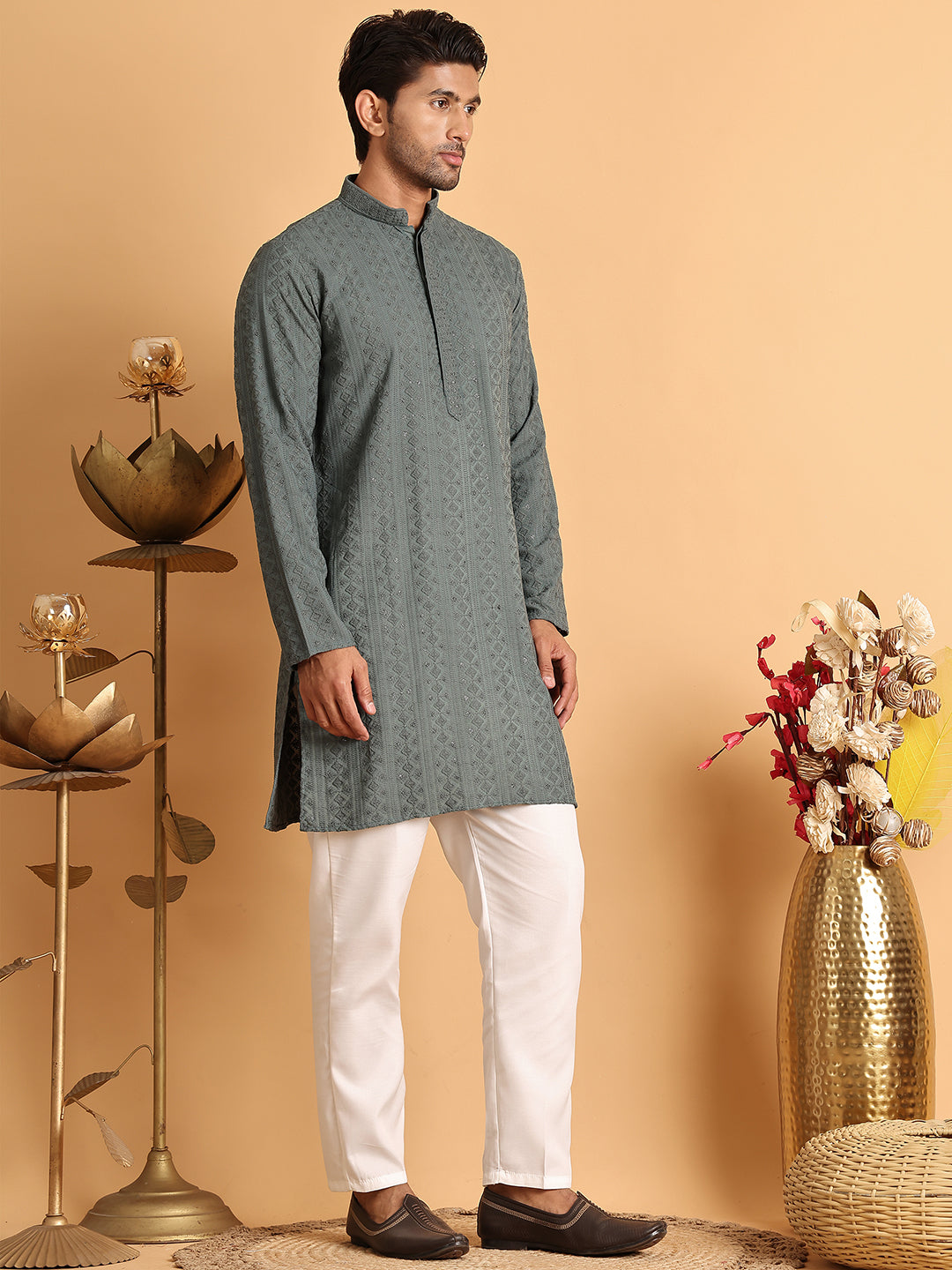Embroidered &amp; Sequins Straight Kurta Set For Men