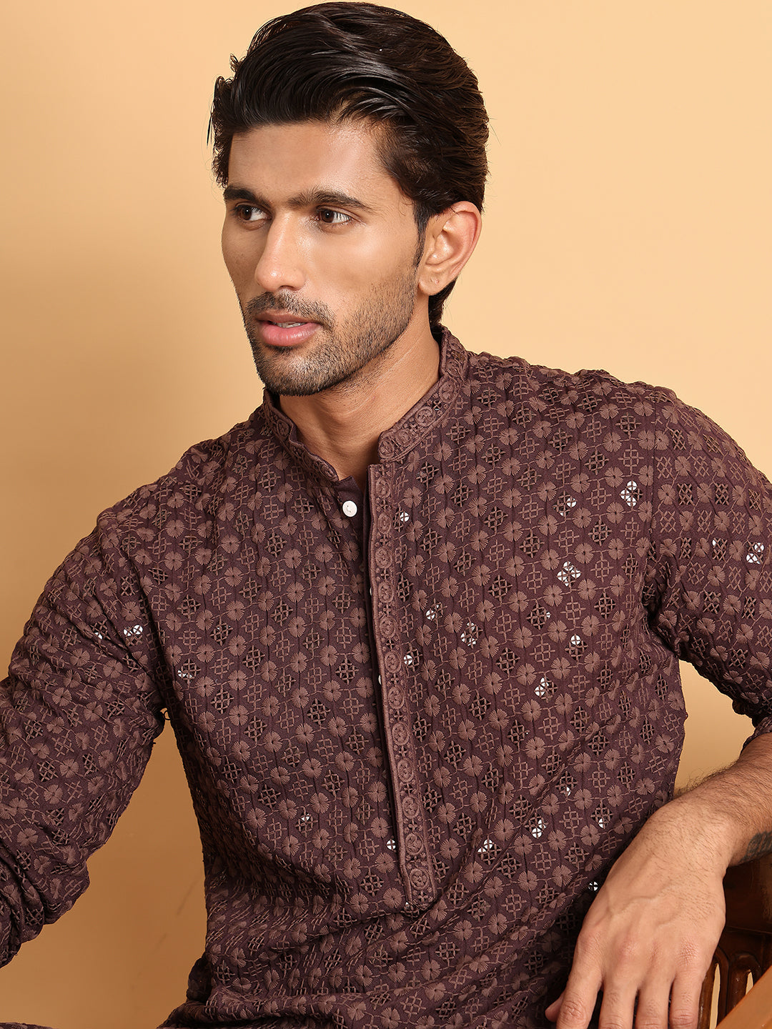 Embroidered &amp; Sequins Straight Kurta Set For Men