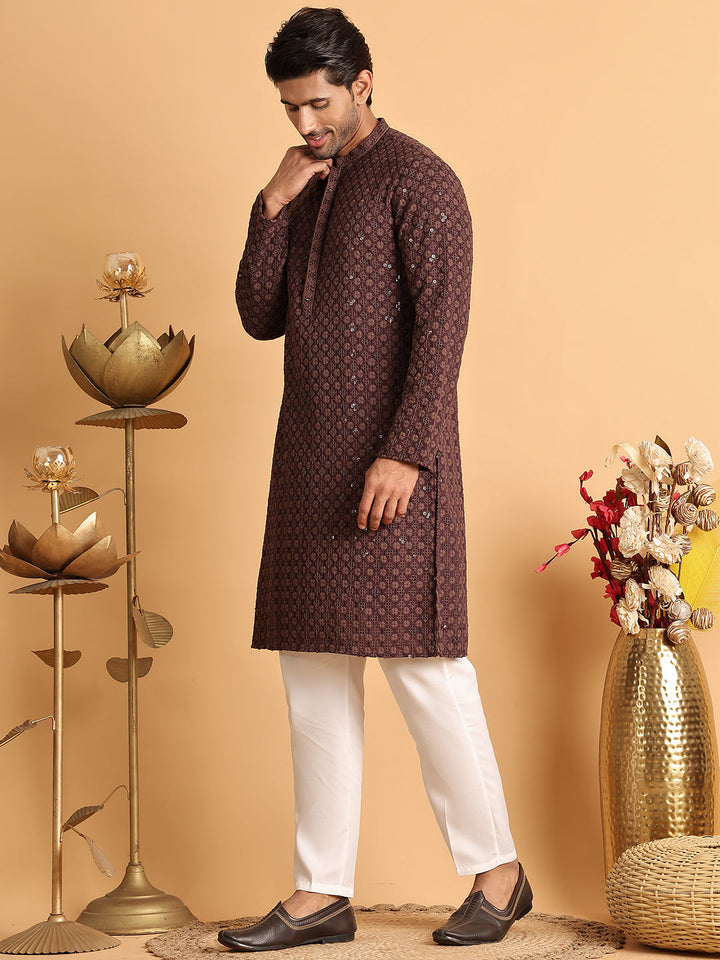 Embroidered &amp; Sequins Straight Kurta Set For Men