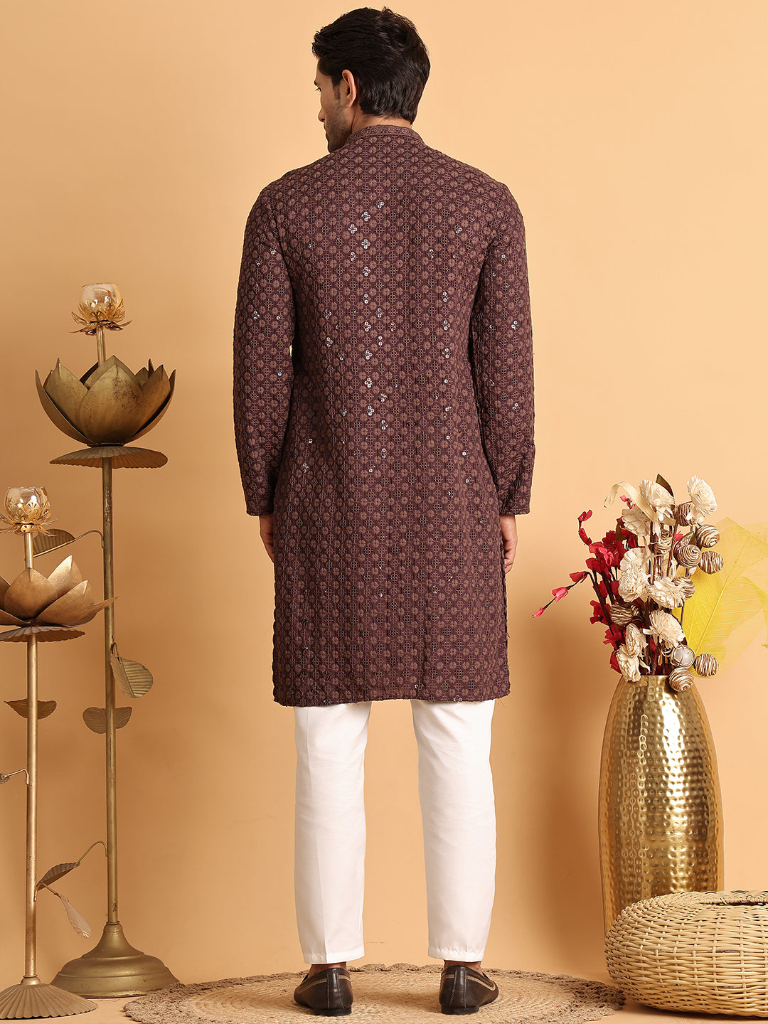 Embroidered &amp; Sequins Straight Kurta Set For Men