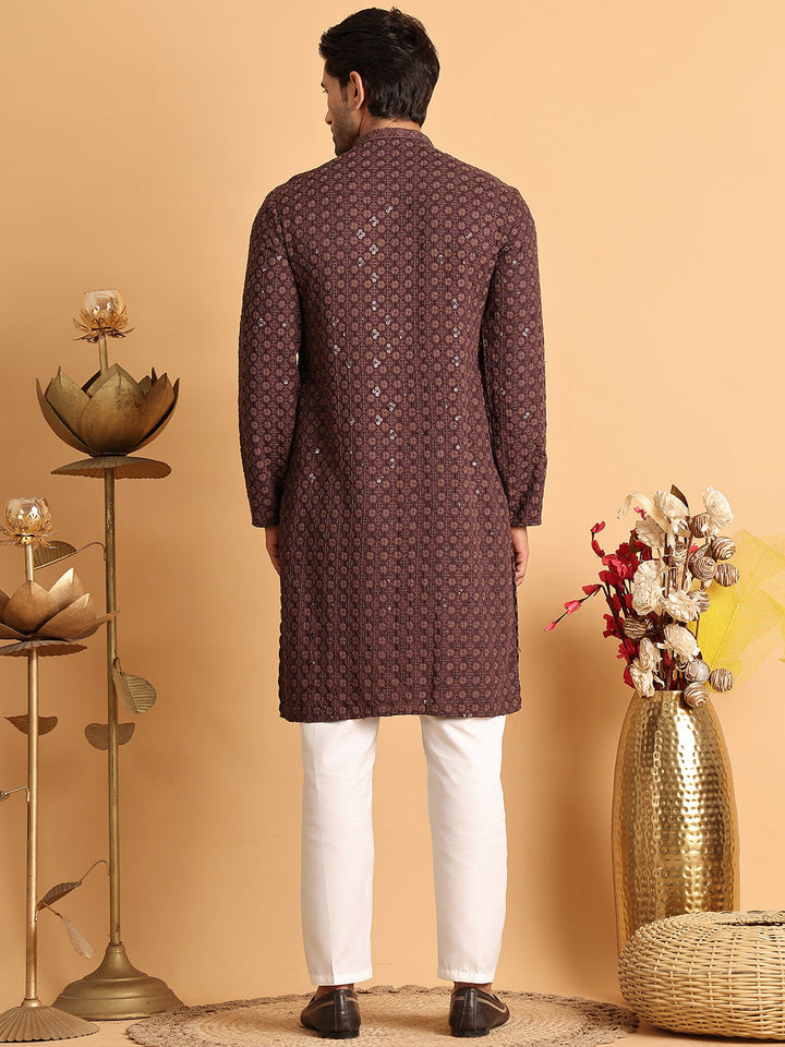 Embroidered &amp; Sequins Straight Kurta Set For Men