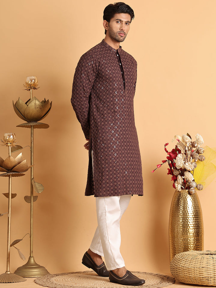 Embroidered &amp; Sequins Straight Kurta Set For Men