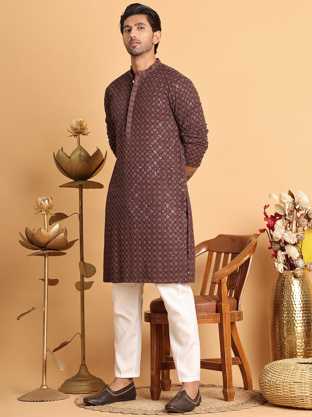 Embroidered &amp; Sequins Straight Kurta Set For Men