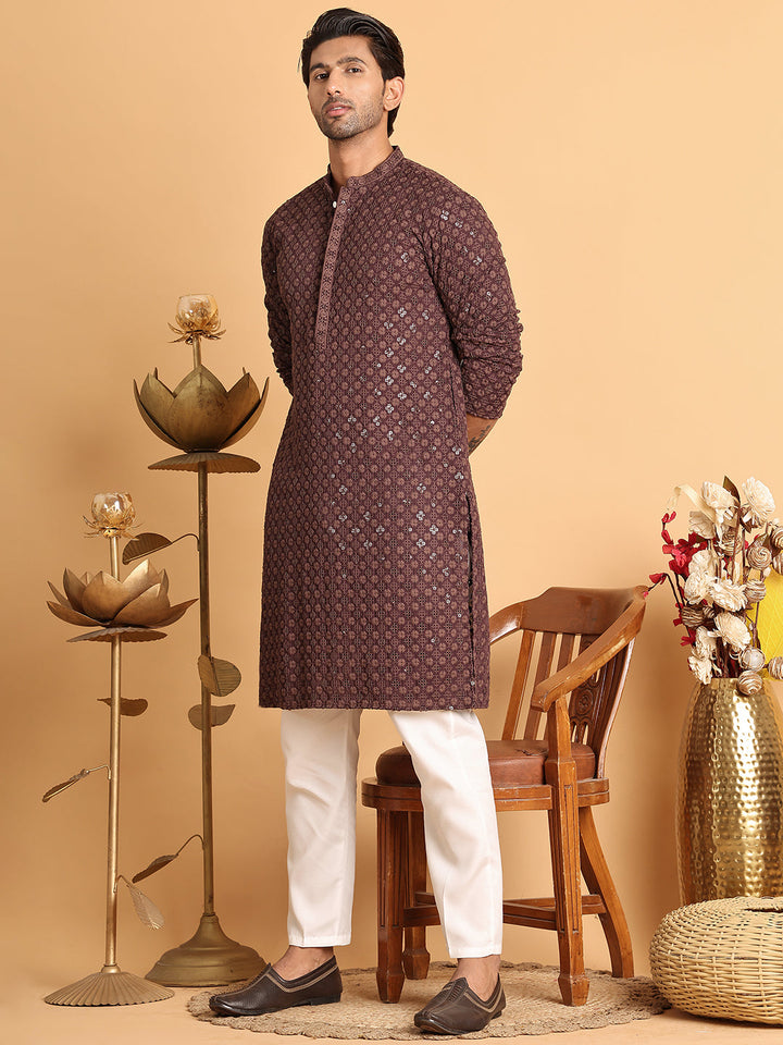 Embroidered &amp; Sequins Straight Kurta Set For Men