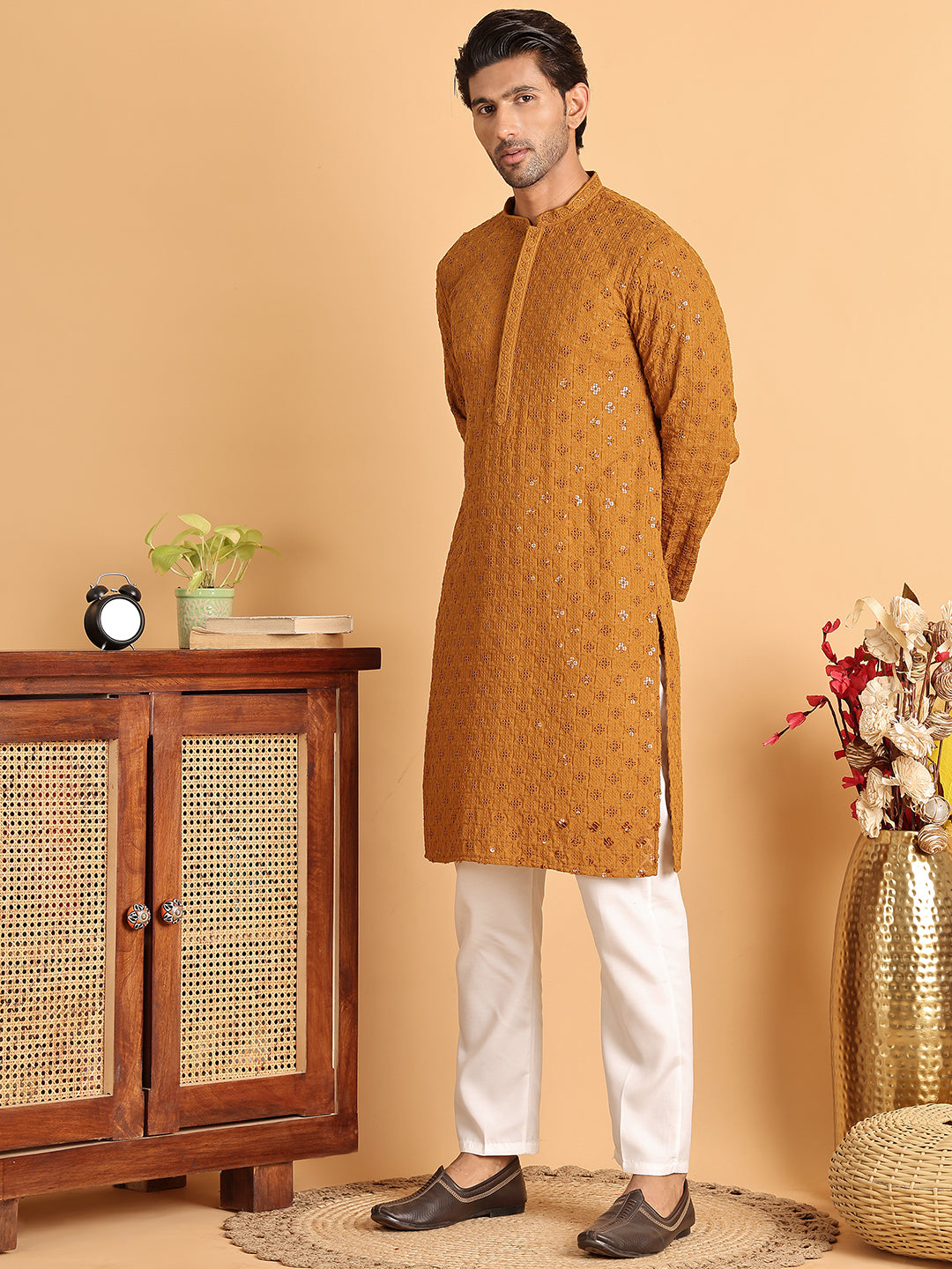 Embroidered &amp; Sequins Straight Kurta Set For Men
