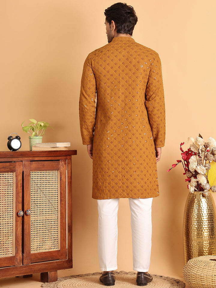 Embroidered &amp; Sequins Straight Kurta Set For Men