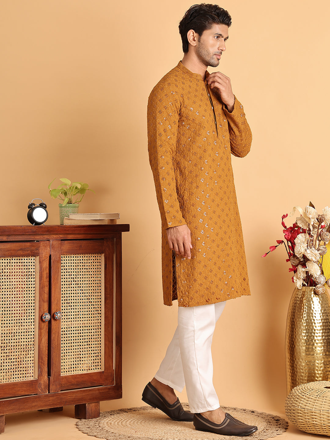 Embroidered &amp; Sequins Straight Kurta Set For Men