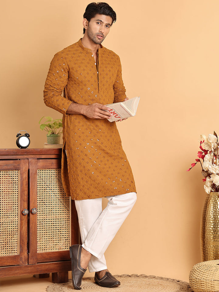 Embroidered &amp; Sequins Straight Kurta Set For Men