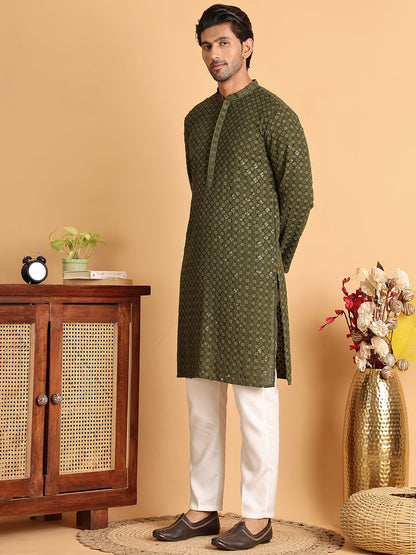 Embroidered & Sequins Straight Kurta Set For Men