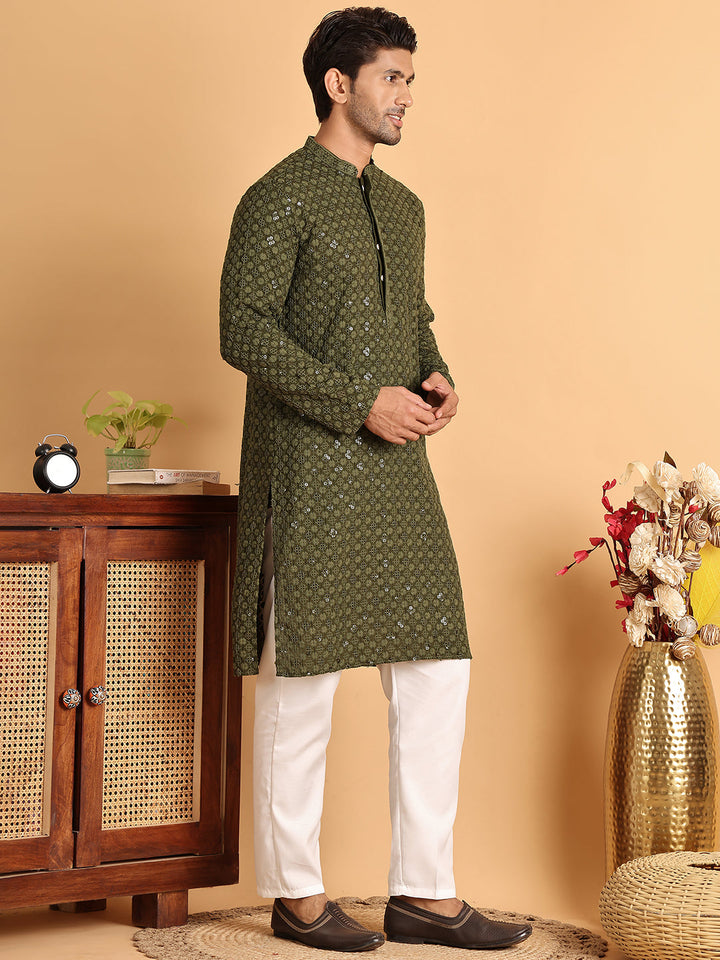 Embroidered &amp; Sequins Straight Kurta Set For Men