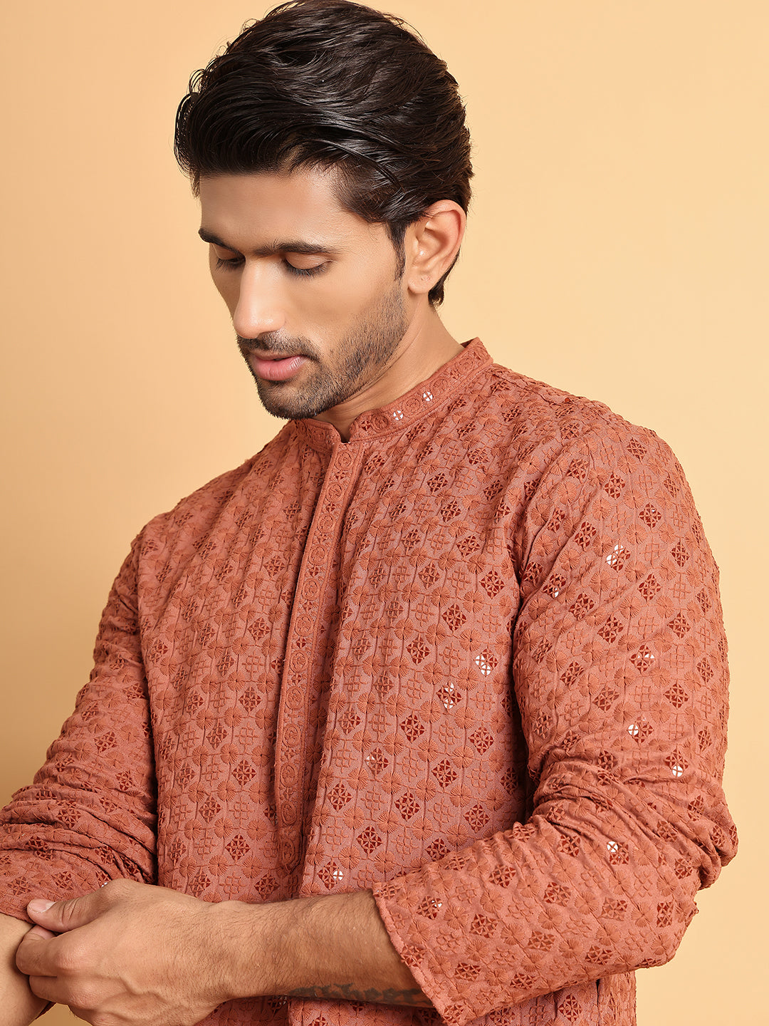 Embroidered &amp; Sequins Straight Kurta Set For Men