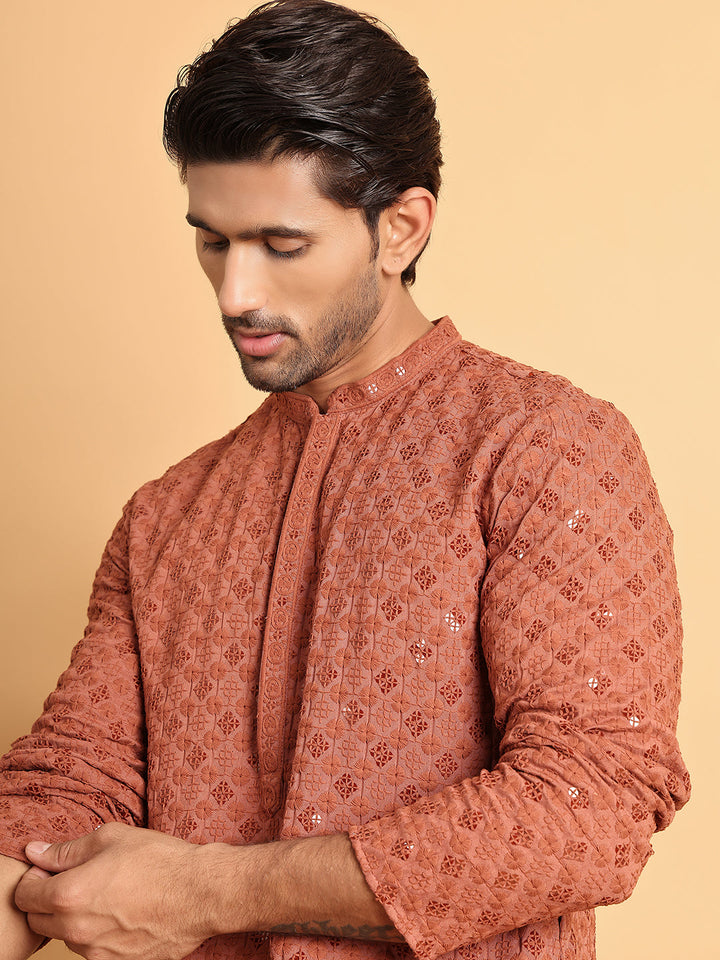 Embroidered &amp; Sequins Straight Kurta Set For Men
