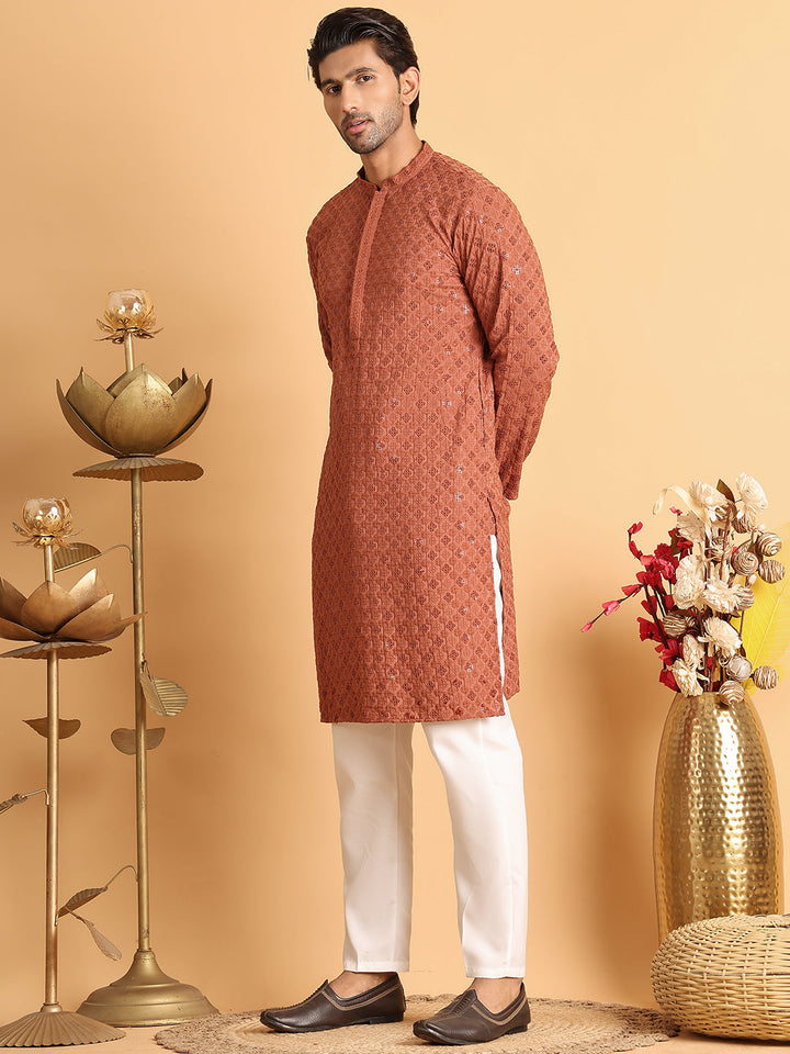 Embroidered &amp; Sequins Straight Kurta Set For Men
