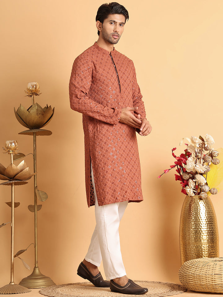 Embroidered &amp; Sequins Straight Kurta Set For Men