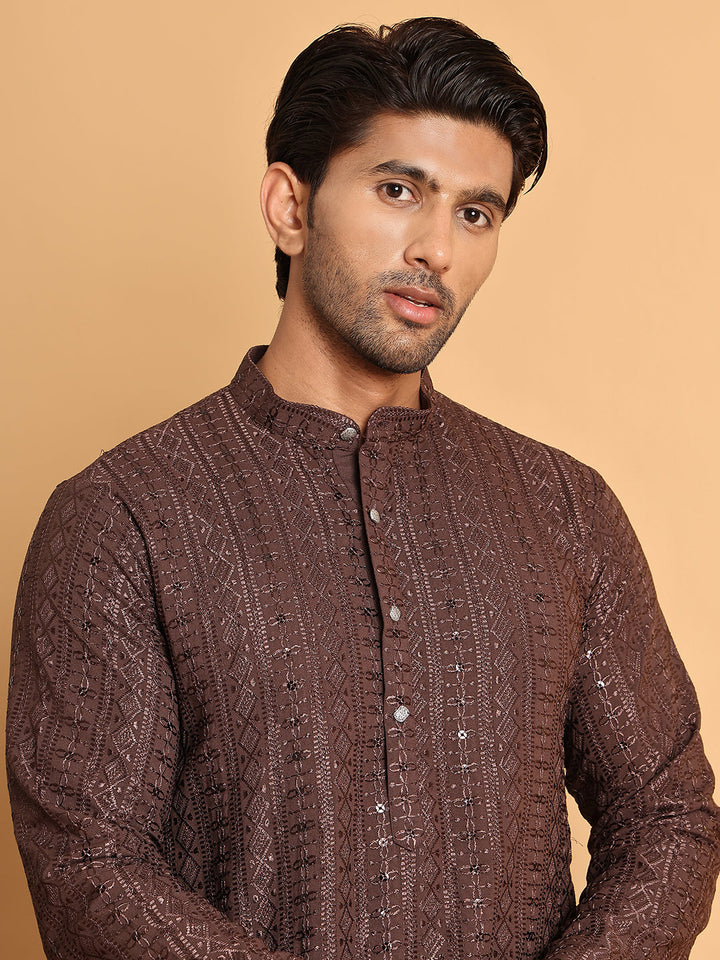Embroidered Straight Kurta Set For Men