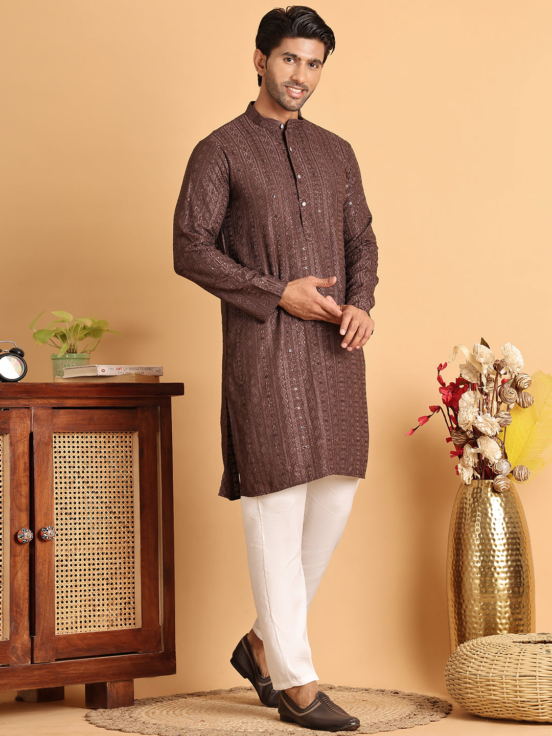 Embroidered Straight Kurta Set For Men