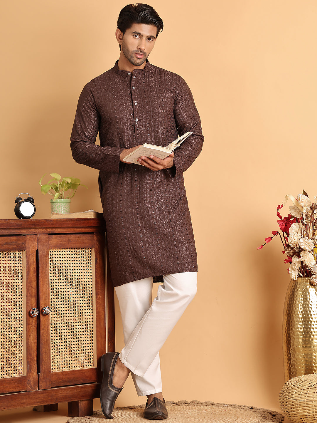Embroidered Straight Kurta Set For Men