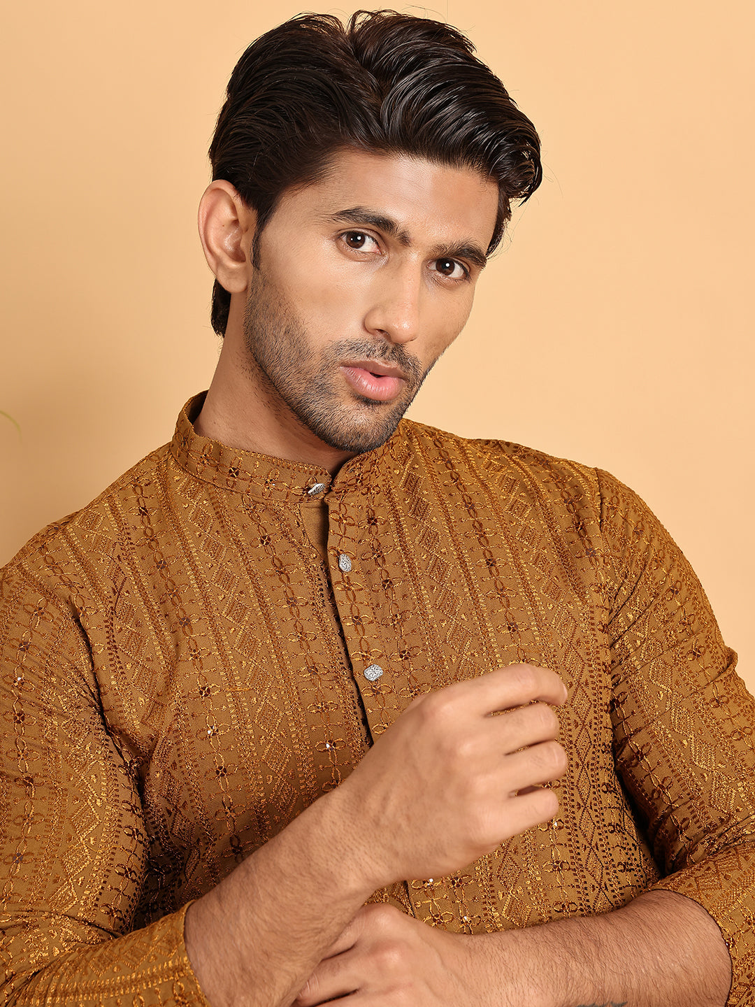 Embroidered Straight Kurta Set For Men