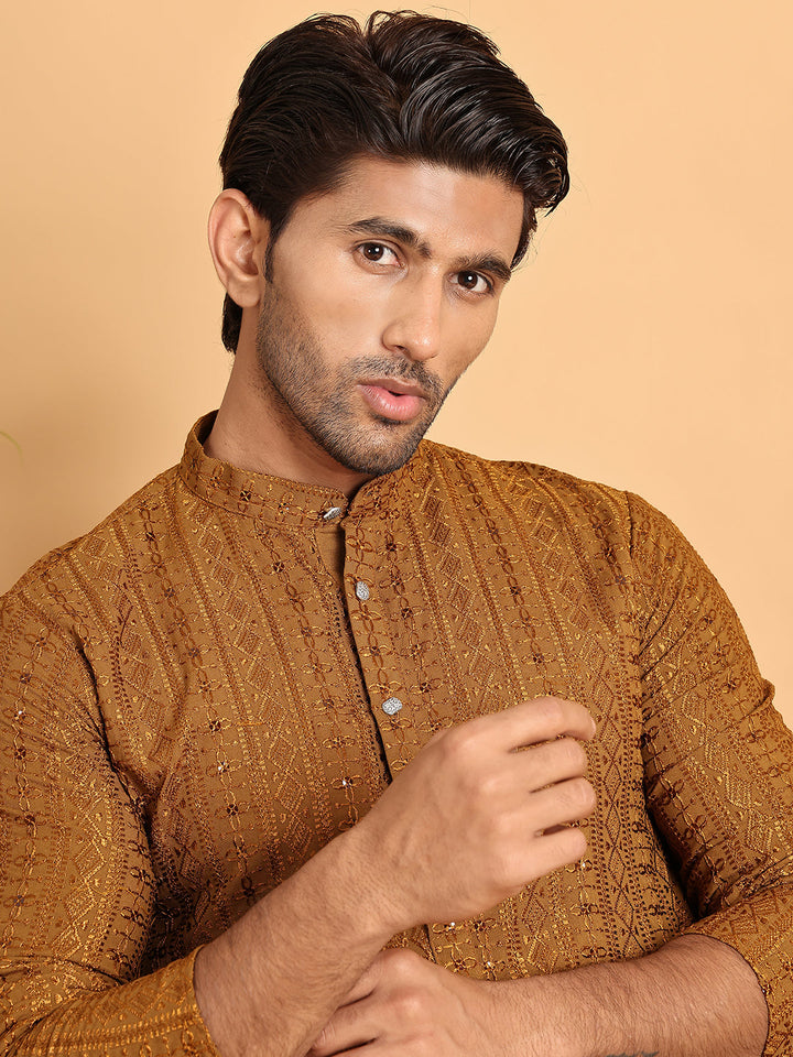 Embroidered Straight Kurta Set For Men