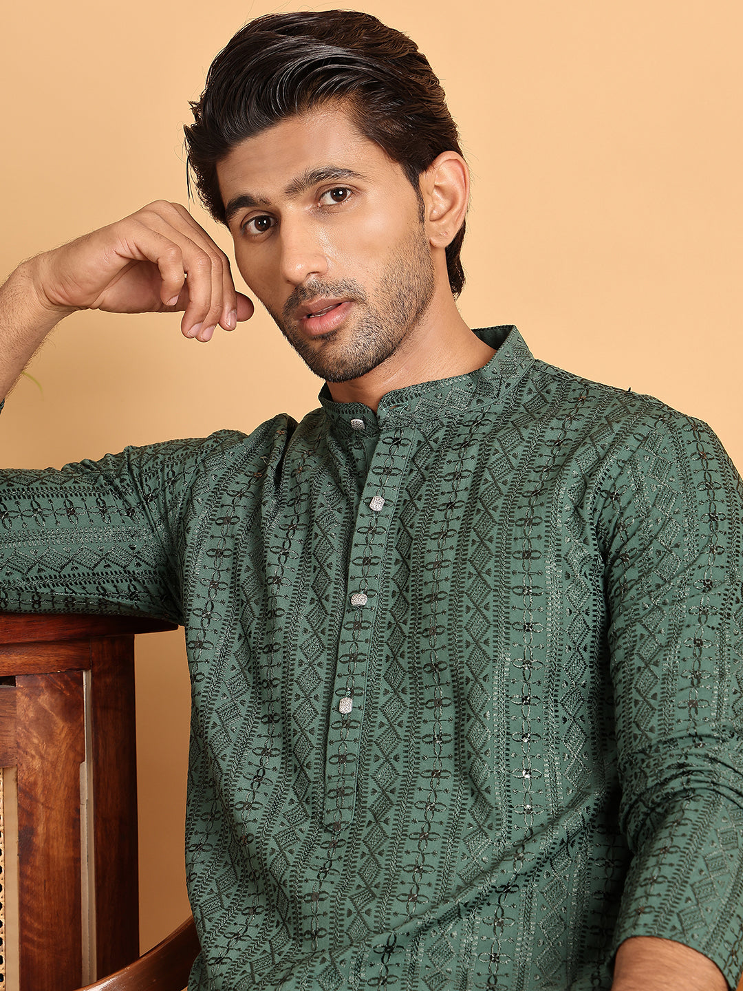 Embroidered Straight Kurta Set For Men