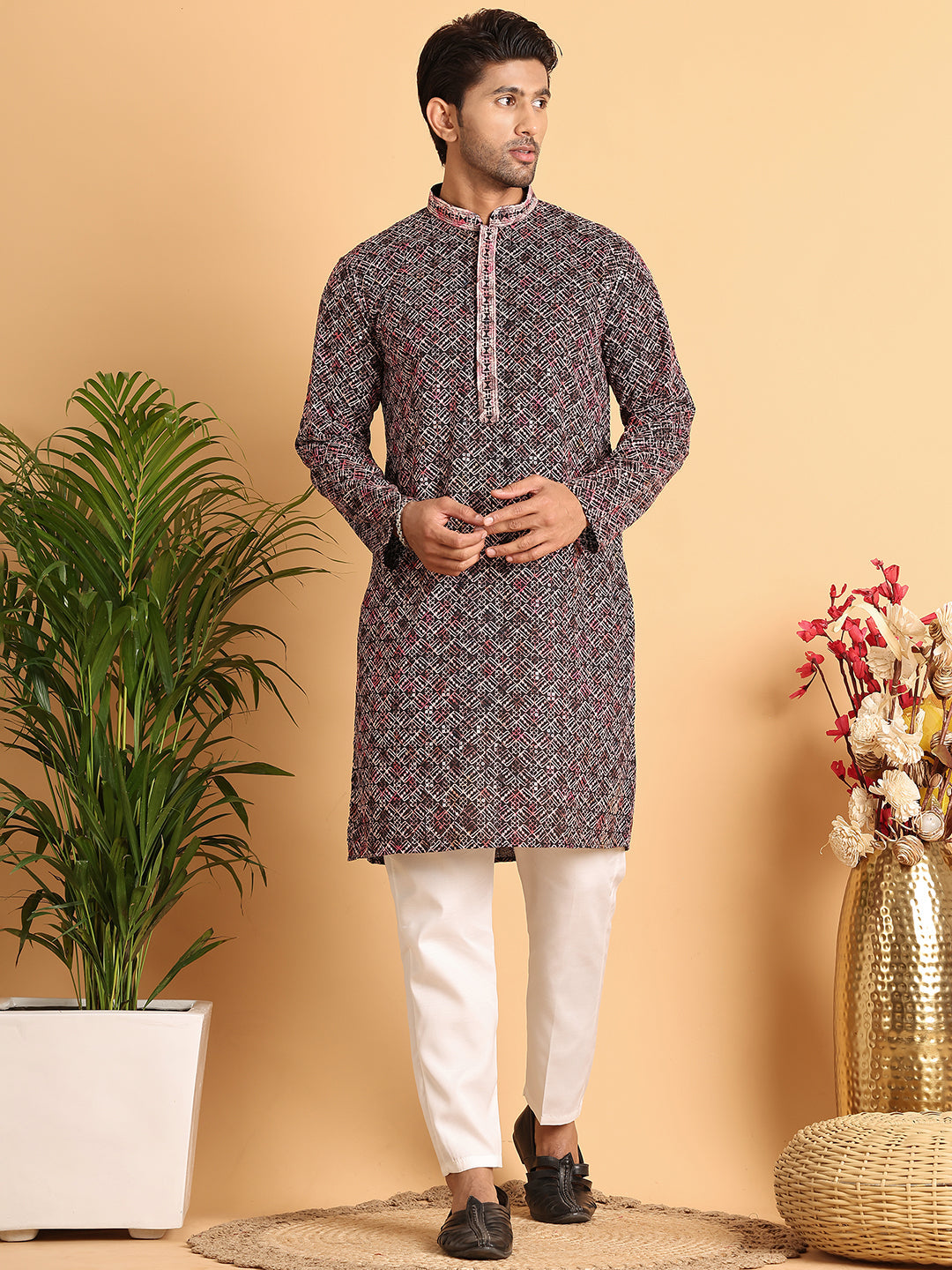 Embroidered Viscose Kurta Set For Men