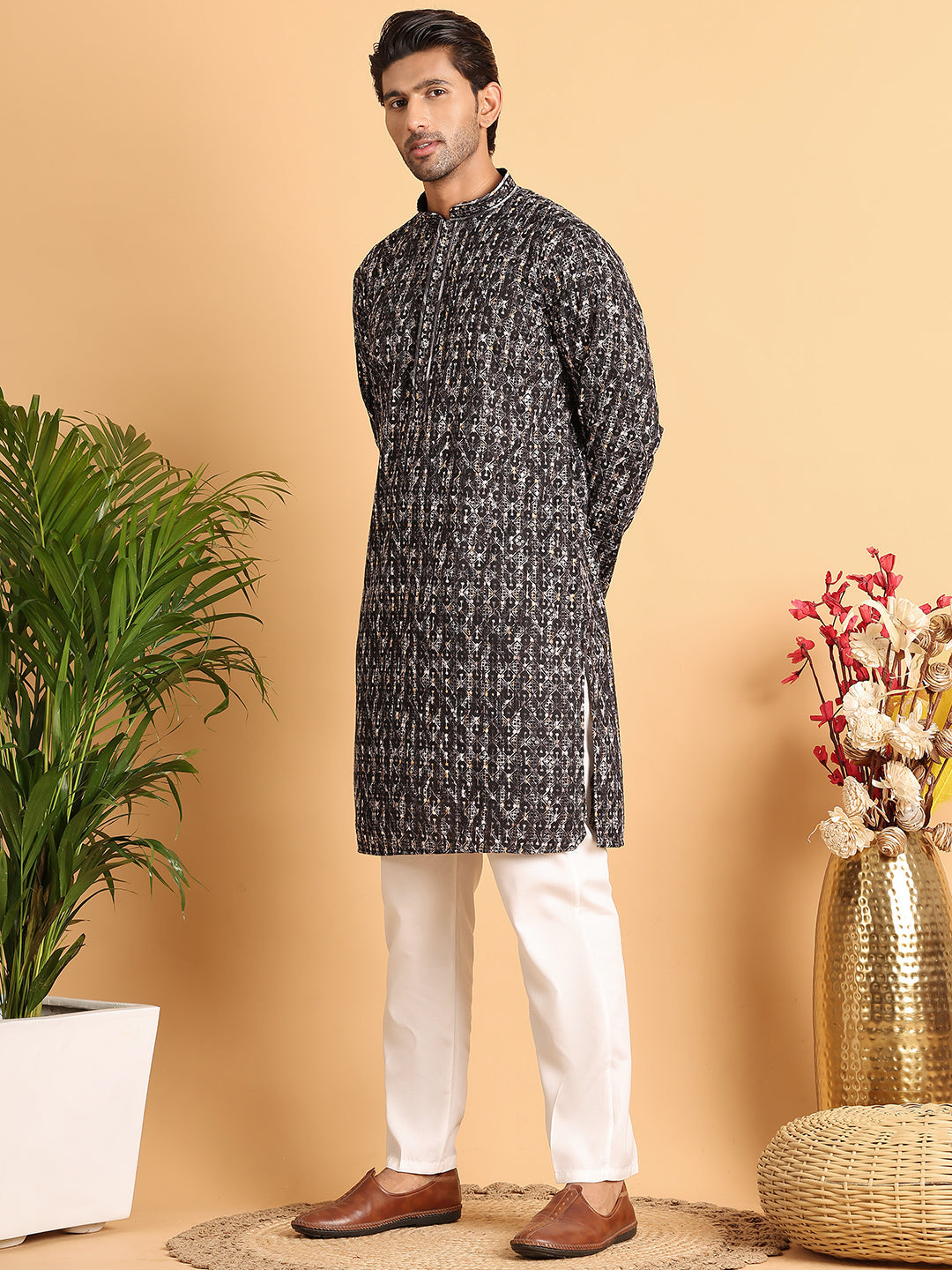Embroidered Viscose Kurta Set For Men