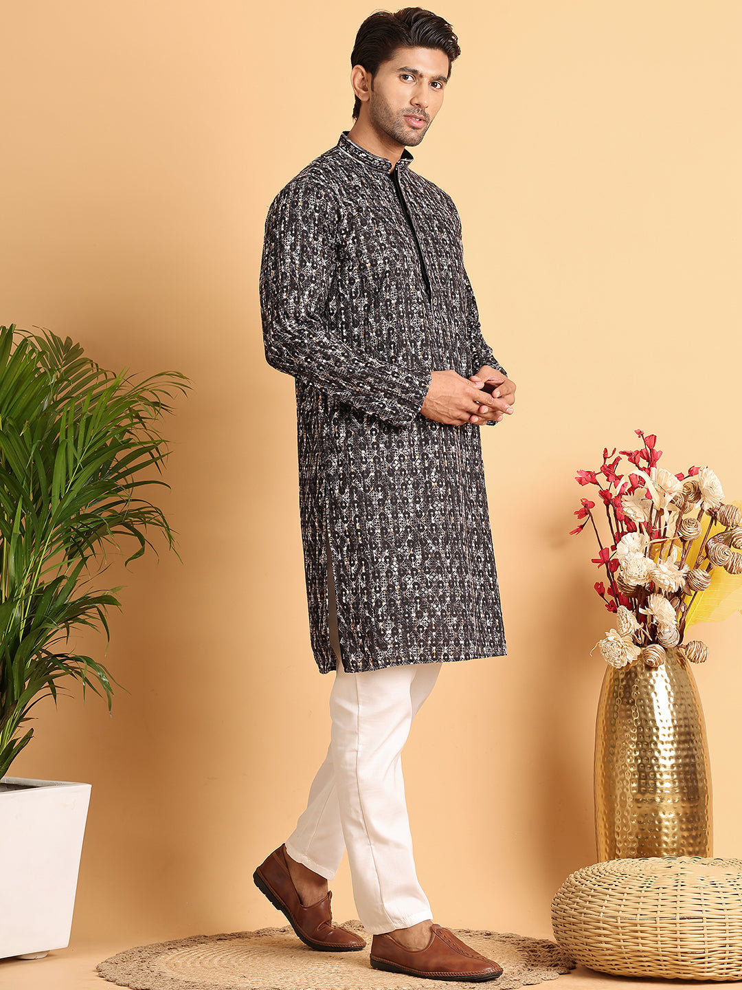 Embroidered Viscose Kurta Set For Men