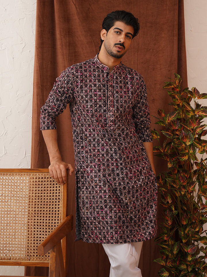 Embroidered Viscose Kurta Set For Men