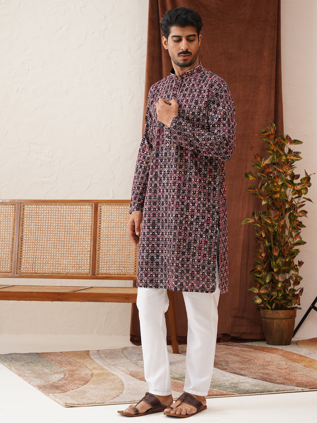 Embroidered Viscose Kurta Set For Men