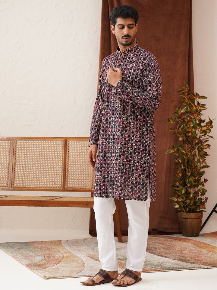 Embroidered Viscose Kurta Set For Men