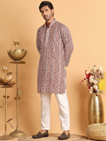 Embroidered & Printed Kurta Set For Men