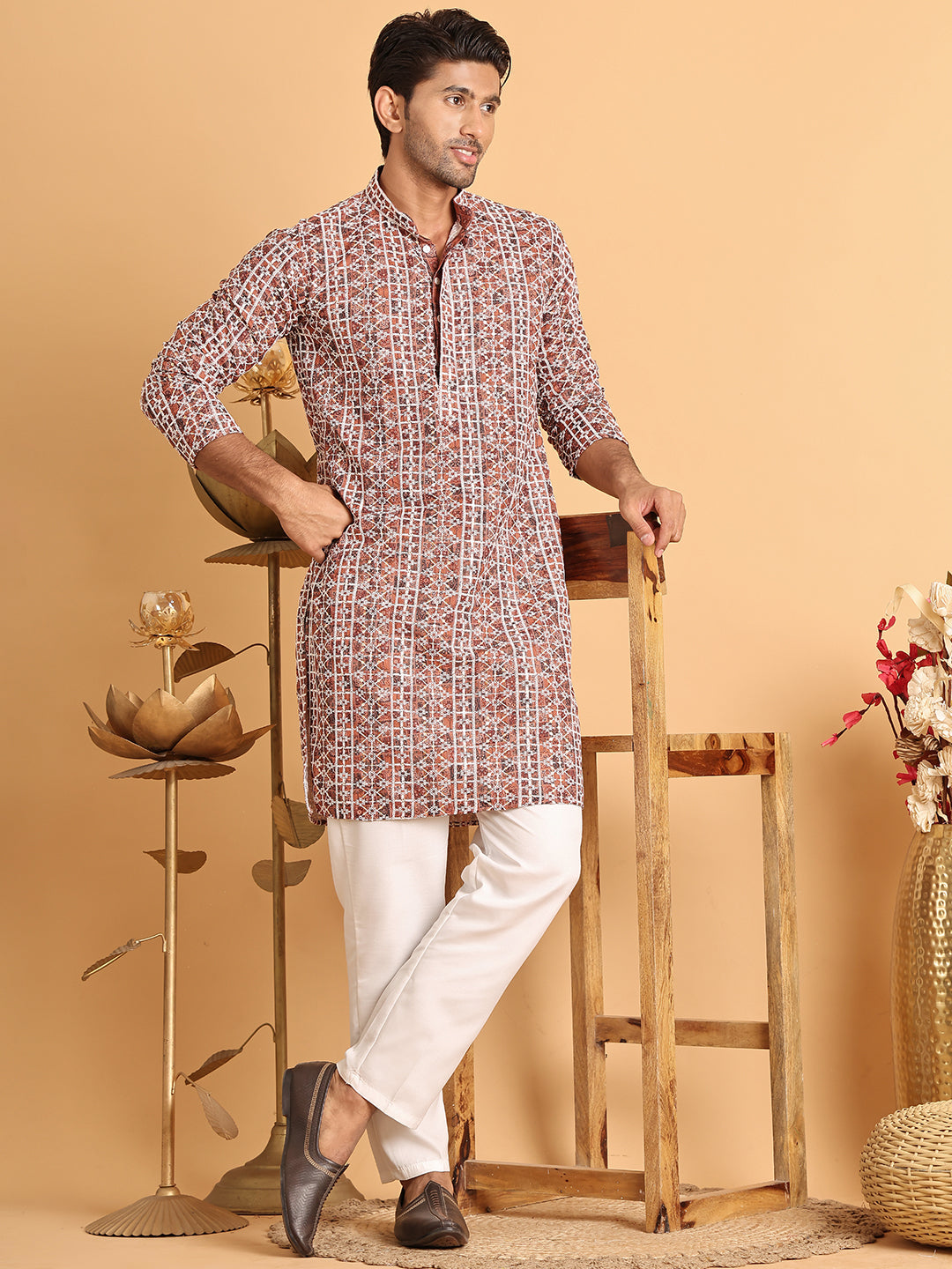 Embroidered & Printed Kurta Set For Men