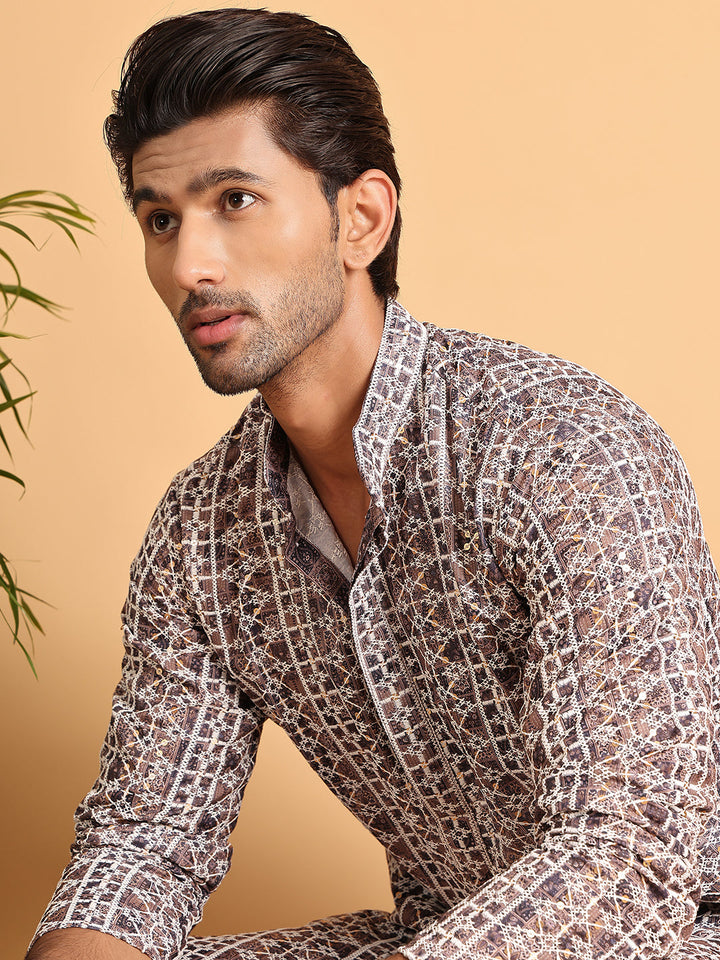 Embroidered &amp; Printed Kurta Set For Men