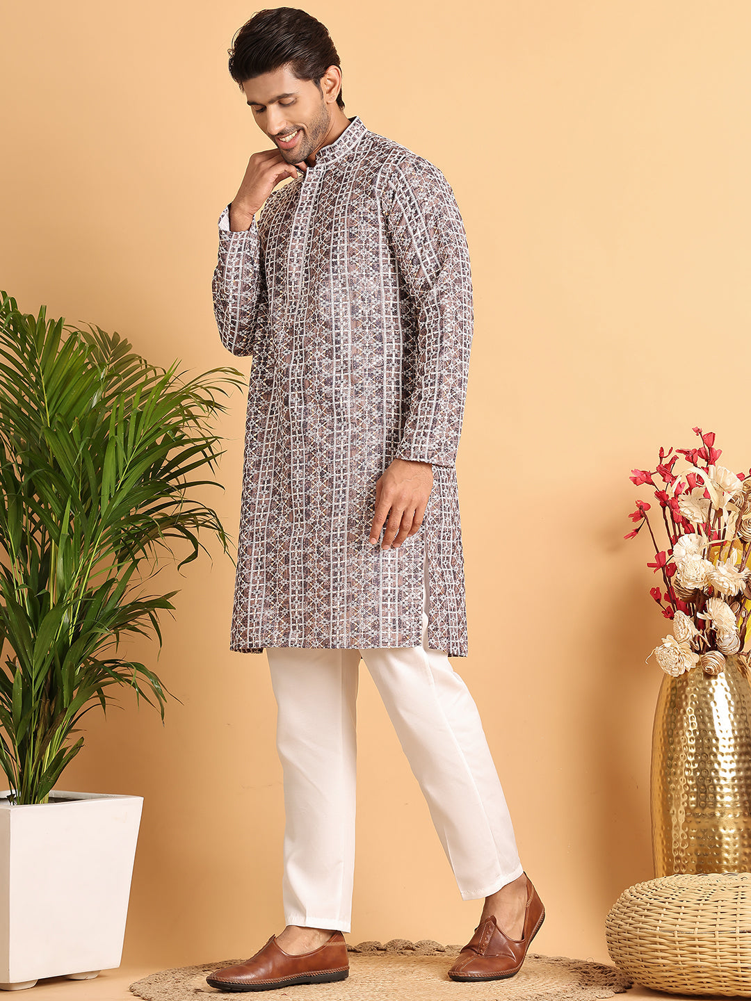 Embroidered &amp; Printed Kurta Set For Men