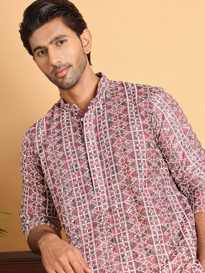 Embroidered &amp; Printed Kurta Set For Men