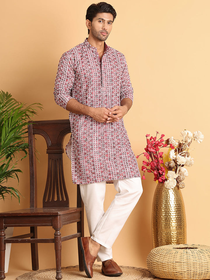 Embroidered &amp; Printed Kurta Set For Men