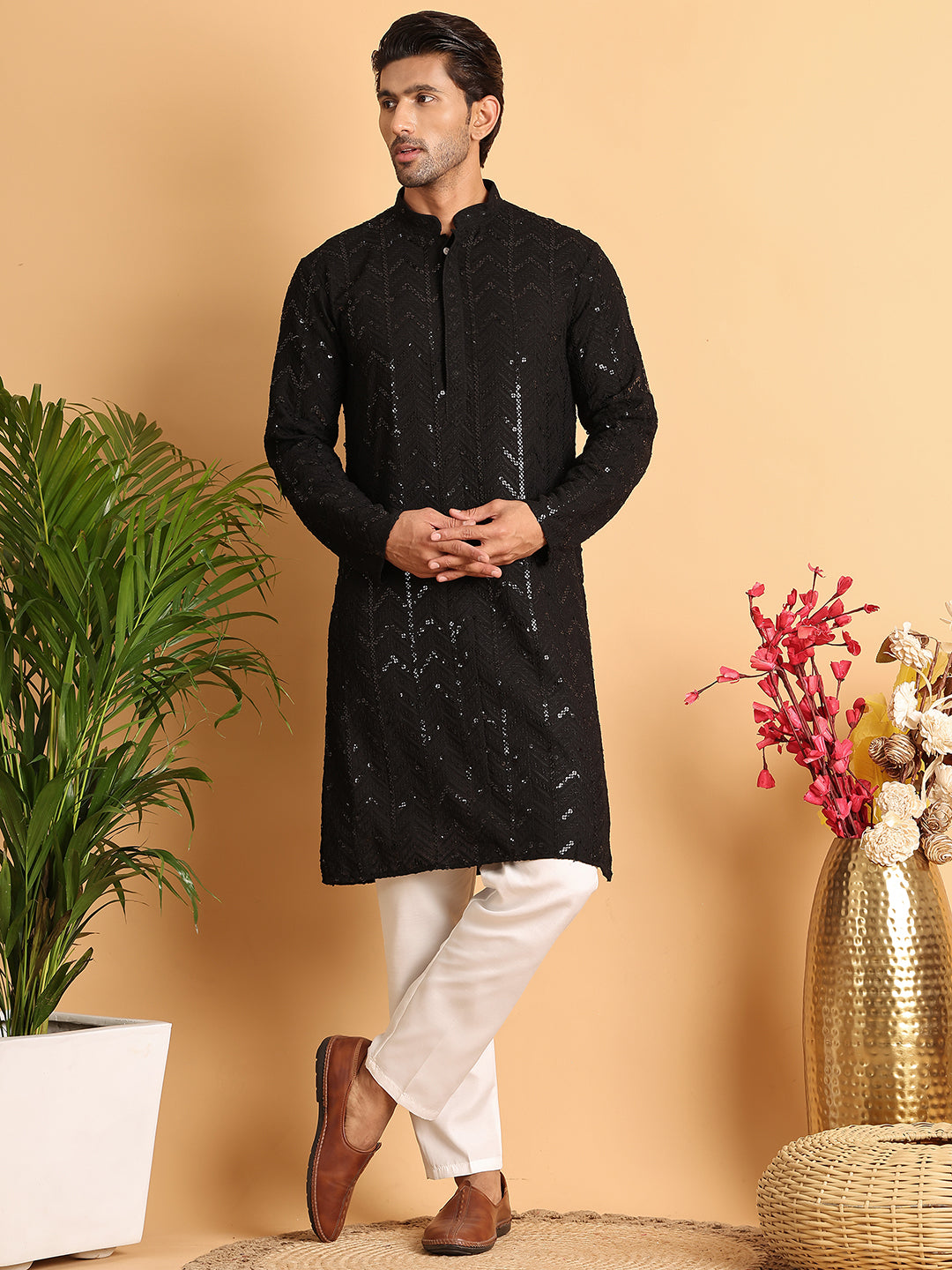 Embroidered Sequined Viscose Straight Kurta Pyjama.