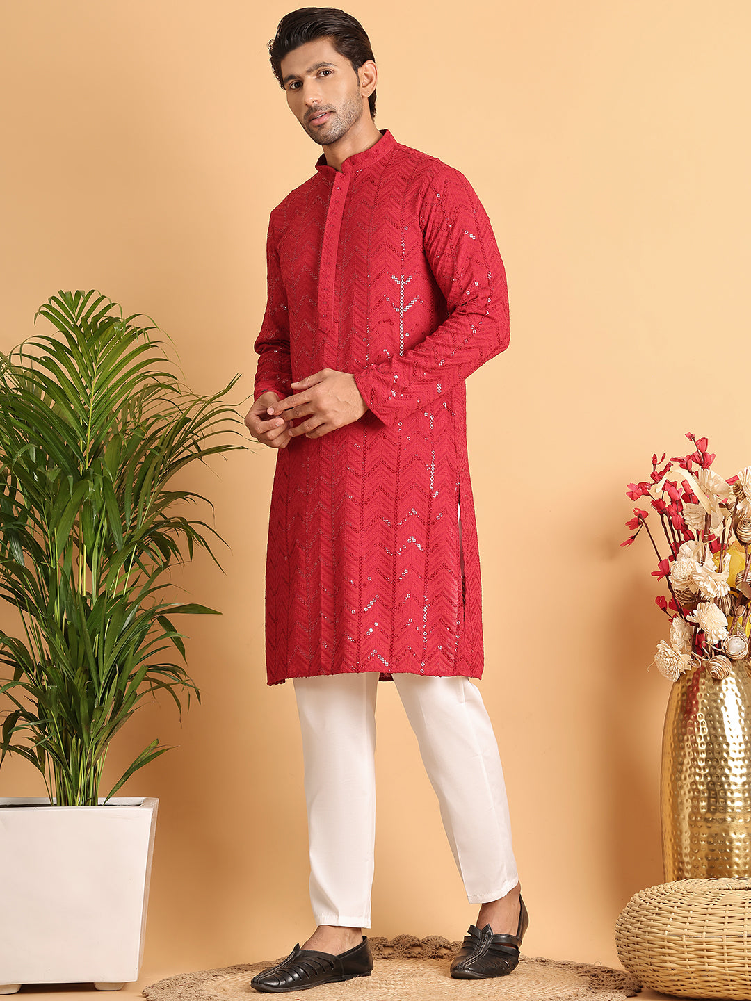 Embroidered Sequined Viscose Straight Kurta Pyjama.