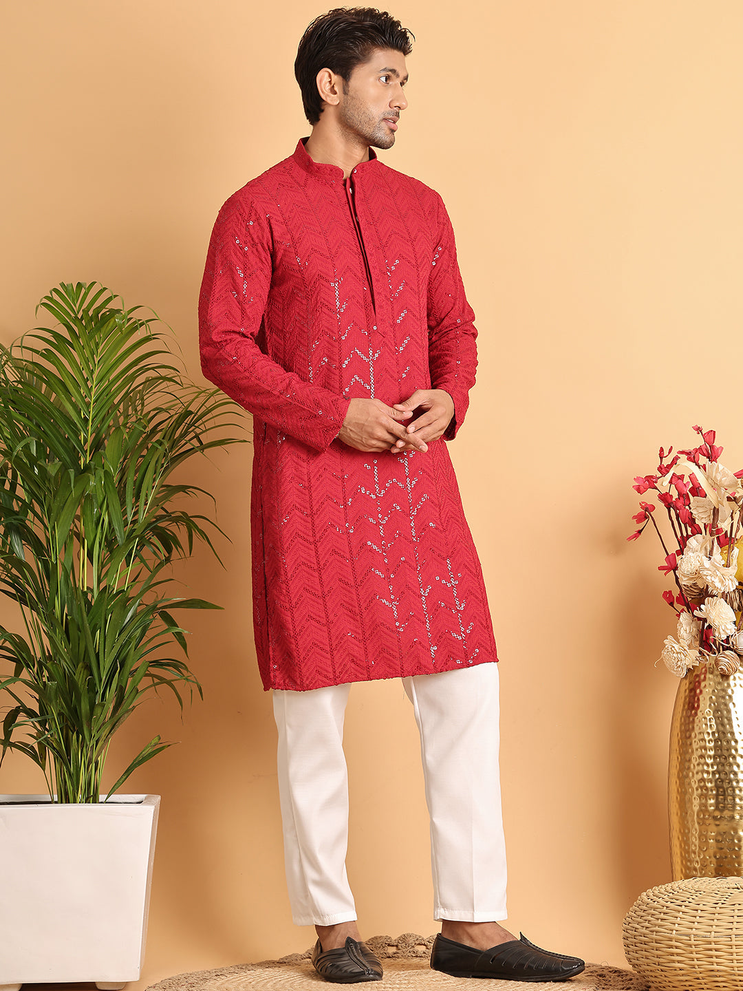 Embroidered Sequined Viscose Straight Kurta Pyjama.