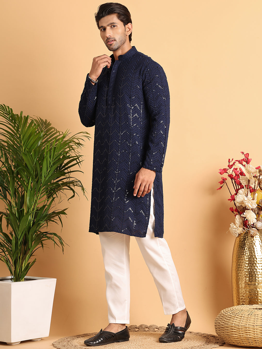 Embroidered Sequined Viscose Straight Kurta Pyjama.