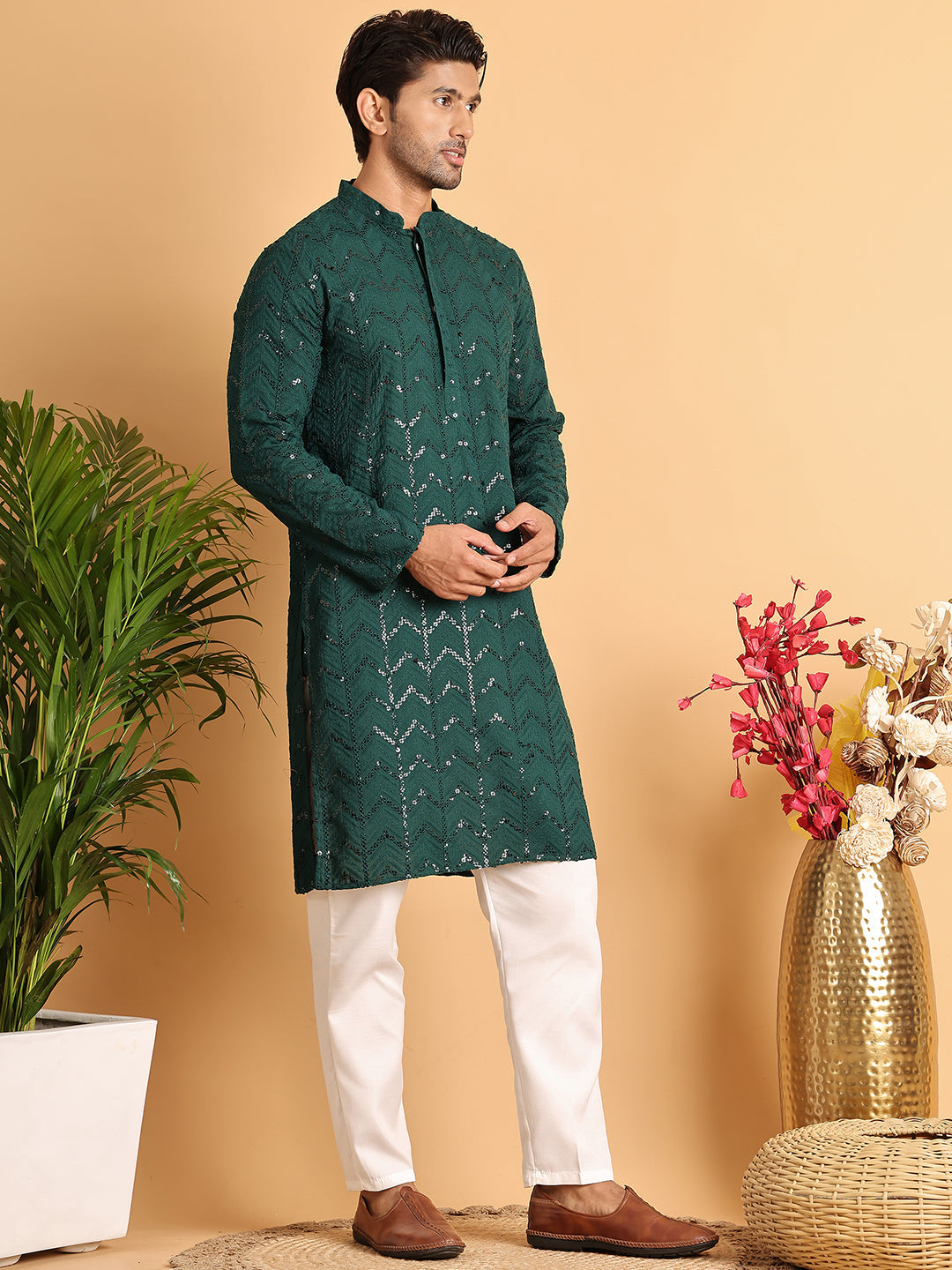 Embroidered Sequined Viscose Straight Kurta Pyjama.