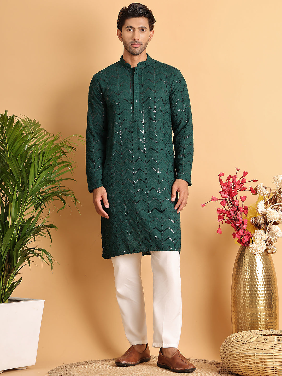 Embroidered Sequined Viscose Straight Kurta Pyjama.
