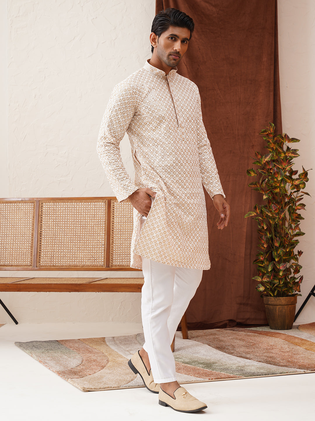 Sequins &amp; Embroidered Kurta Pyjama Set For Men